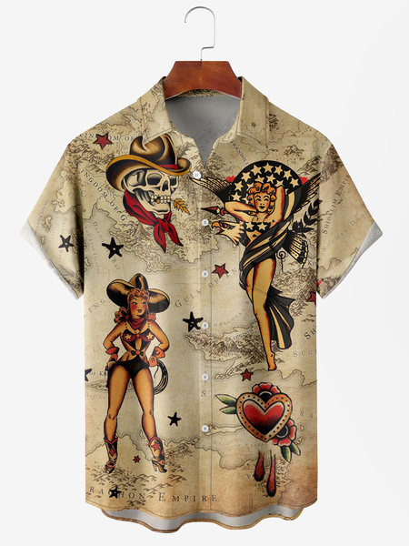 

Men's Hawaiian Vintage Girl Print Casual Short Sleeve Hawaiian Shirt, Khaki, Men's Floral shirt