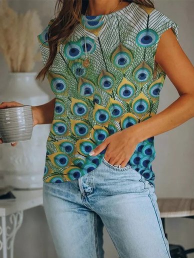 

Peacock Feather Crew Neck T-Shirt, Multicolor, Shirts & Blouses