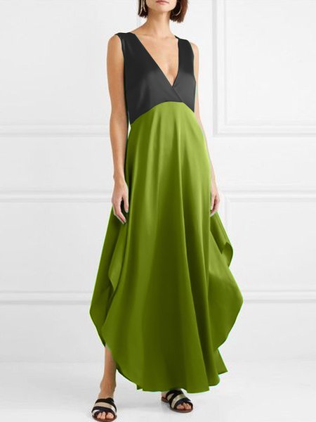 

Elegant V Neck Color Block Dress, Black-green, Maxi Dresses
