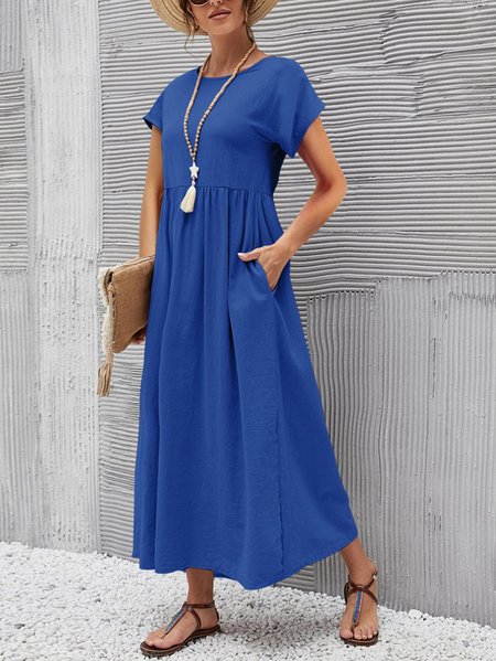 

Casual Cotton Linen Short Sleeve Loose Dress, Blue, Dresses