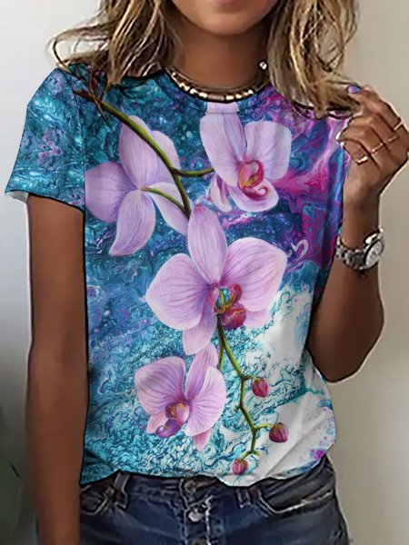 

Casual Simple Floral Print Crew Neck T-Shirt, As picture, T-shirts