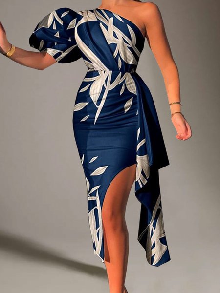 

One Shoulder Vacation Tropical Dress, Blue, Midi Dresses