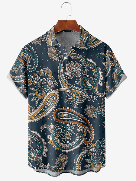 

Men's Cashew Flower Floral Print Moisture-Breathable Fabric Hawaiian Lapel Short Sleeve Shirt, Blue, Men's Floral shirt