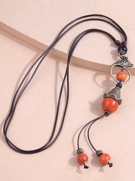 

Fashion Ethnic Pottery Leather Rope Necklace Sweater Chain, Orange, Necklaces