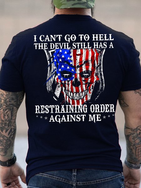 

American Flag I Can't Go To Hell Short Sleeve Crew Neck Cotton T-Shirt, Dark blue, T-shirts