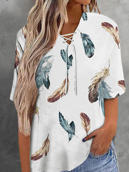 V-neck Tie Casual Loose Feather Print Short Sleeve T-shirt, White, Tops