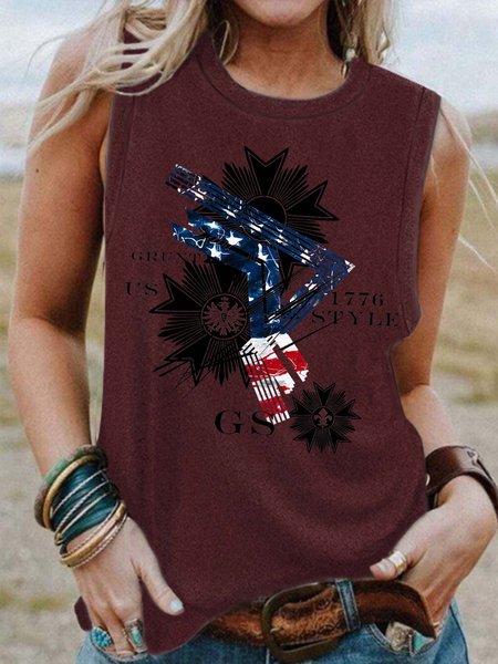 

American Flag Loosen Casual Printed Tanks & Camis, Red, Tank Tops