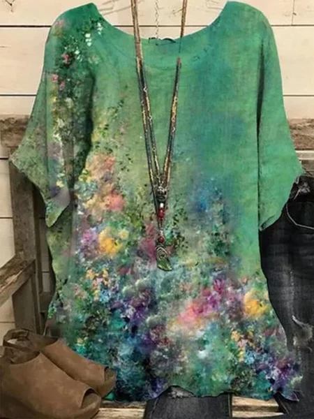 Floral Casual Crew Neck Tops, Green, Shirts & Blouses