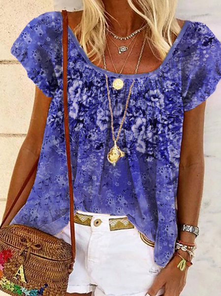 

Vacation Floral Loosen Short Sleeve Top, Purple, Tops