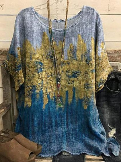 

Crew Neck Loosen Ombre Casual Tops, Grey-blue, Shirts & Blouses