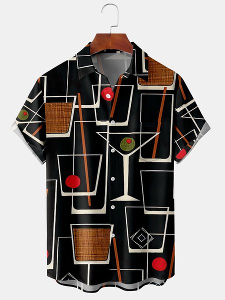 

Men's Geometric Print Casual Short Sleeve Hawaiian Shirt with Chest Pocket, Black, Men's Floral shirt