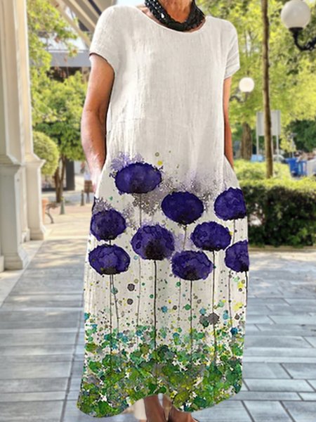 

Floral Casual Crew Neck Dresses, White, Dresses