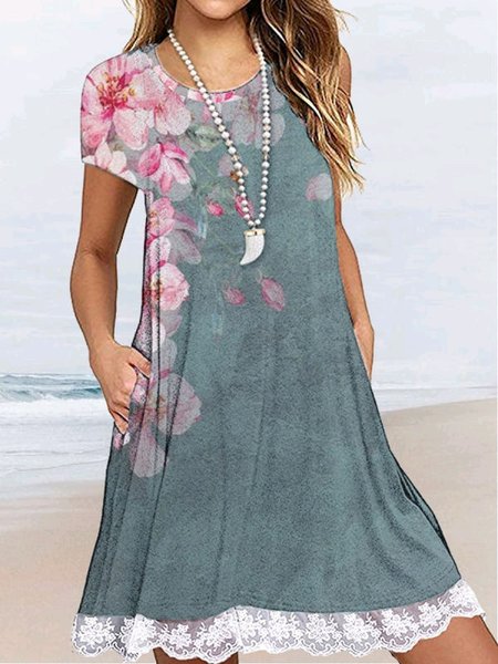 

Floral Crew Neck Cotton Dresses, Green, Dresses