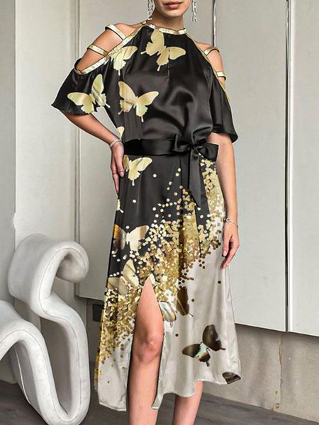 

Vacation Halter Butterfly Dress, Black-gold, Midi Dresses