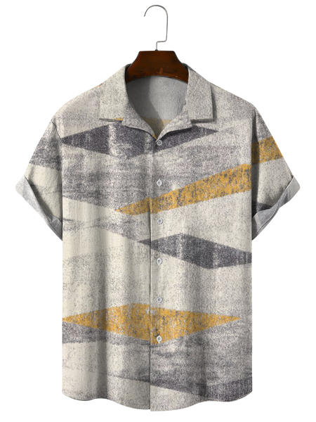 

Geometric stripe cotton casual shirts with short sleeves, As picture, Men's Floral shirt