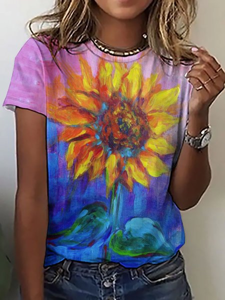 

Vintage Casual Sunflower Print Crew Neck T-Shirt, As picture, T-shirts