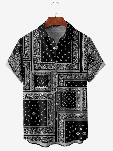 Men's Cashew Flower Floral Print Moisture-Breathable Fabric Hawaiian Lapel Short Sleeve Shirt, Black, Men's Floral shirt