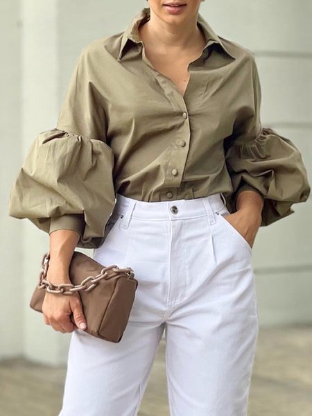 

Elegant Solid Shirt Collar Three Quarter Blouse, Khaki, Blouses and Shirts