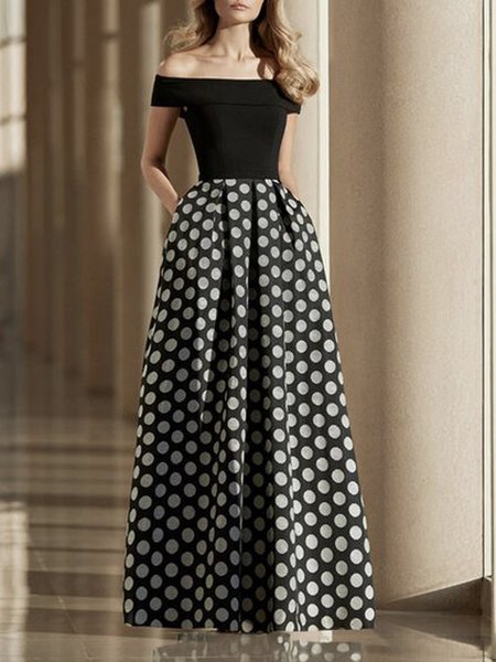 

Polka Dots Long Daily Off The Shoulder Regular Fit Black Dress, Maxi Dresses