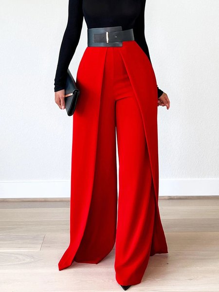 

Elegant Fashion Solid Wide Leg Pants, Red, Wide Leg Pants
