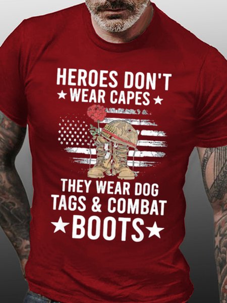 

Top heroes Don’t Wear Capes, They Wear Dog Tags & combat boots，Us Flag Short Sleeve Casual T-Shirt, Red, T-shirts