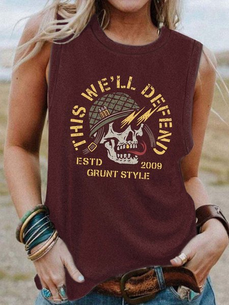 

skull Cotton Blends Crew Neck Tanks & Camis, Red, Tank Tops