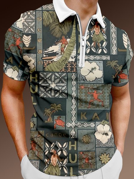 

Resort-Style Hawaiian Botanical Floral Geometric Pattern Lapel Short-Sleeved Polo Print Top, Multicolor, Men's t-shirts