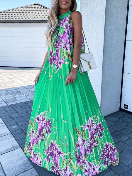 

Vacation Loosen Sleeveless Printed Pleated Dress, Green, Maxi Dresses
