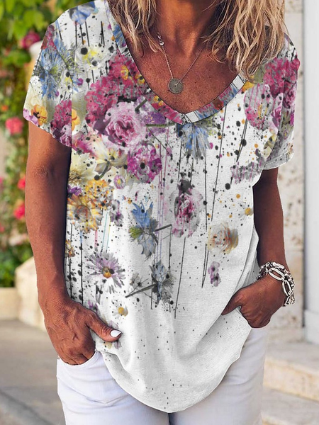 

Casual Abstract Floral Print V-Neck T-Shirt, As picture, T-shirts