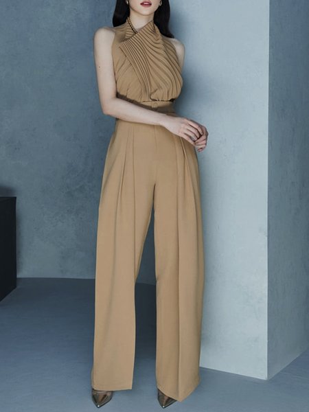 

High Waist Long Daily Regular Fit Elegant Fashion Pants, Khaki, Wide Leg Pants