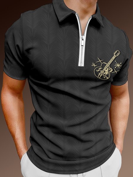 

Casual Style Art Series Plant Leaves Guitar Element Pattern Lapel Short-Sleeved Polo Print Top, Black, Men's t-shirts