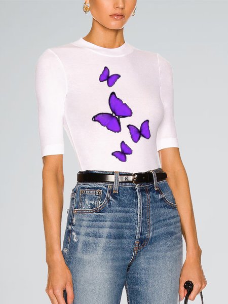 

Skinny Casual Butterfly Crew Neck T-Shirt, White, Tees