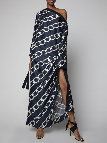 

Long sleeve Elegant Printed One Shoulder Black Dress, Maxi Dresses