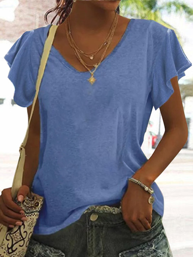

JFN V Neck Basic Plain Rufled Sleeves Casual T-Blouse/Tee, Blue, Blouses
