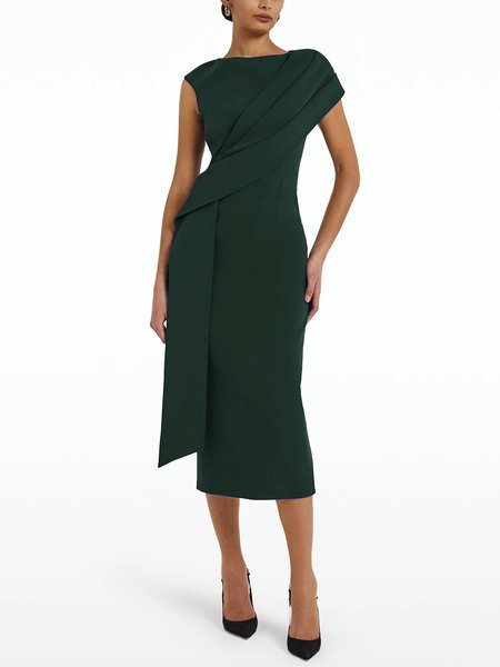 

Boat Neck Elegant Solid Skinny Midi Dress, Dark green, Midi Dresses