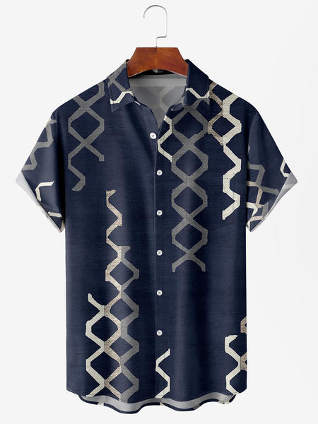 

Men's Geometric Abstract Floral Print Moisture-Breathable Fabric Hawaiian Lapel Short Sleeve Shirt, Blue, Men's Floral shirt