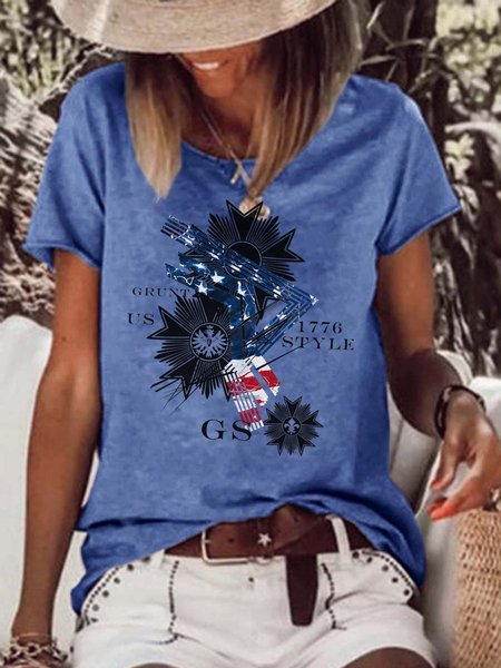 

American flag Crew Neck Letter Casual T-Shirt, Blue, T-shirts
