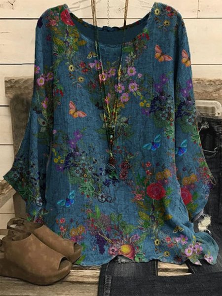 

Slit Crew Neck Floral Three Quarter Top, Dark blue, Shirts & Blouses