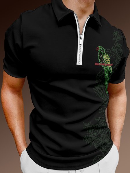 

Holiday Style Hawaiian Series Plant Leaves Parrot Element Pattern Lapel Short-Sleeved Polo Print Top, Black, Men's t-shirts