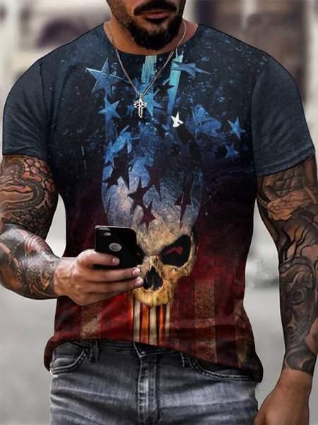 

American Flag Skull Head Letter Short Sleeve T-Shirt, Blue, T-shirts