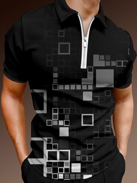 

Casual Art Series 3D Gradient Geometric Stripe Element Pattern Lapel Short Sleeve Polo Print Top, Black, Men's t-shirts