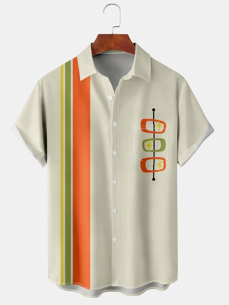 

Casual Art Collection Geometric Stripes Color Block Pattern Lapel Short Sleeve Chest Pocket Shirt Print Top, Beige, Men's Floral shirt