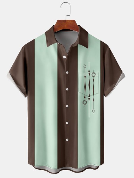 

Casual Art Collection Geometric Stripes Color Block Pattern Lapel Short Sleeve Chest Pocket Shirt Print Top, Cameo brown, Men's Floral shirt