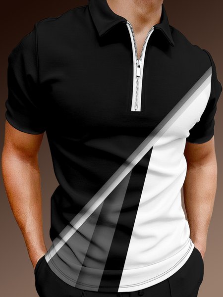 

Casual Art Series 3D Gradient Geometric Stripe Element Pattern Lapel Short Sleeve Polo Print Top, Black, Men's t-shirts