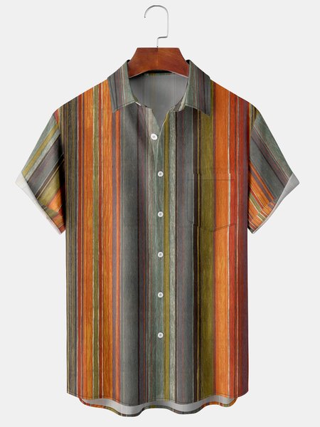 

Casual Art Series Gradient Geometric Stripe Element Pattern Lapel Short Sleeve Shirt Print Top, Multicolor, Men's Floral shirt