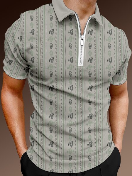 

Resort Hawaiian Striped Geometric TIKI Element Pattern Lapel Short Sleeve Polo Print Top, Gray, Men's t-shirts