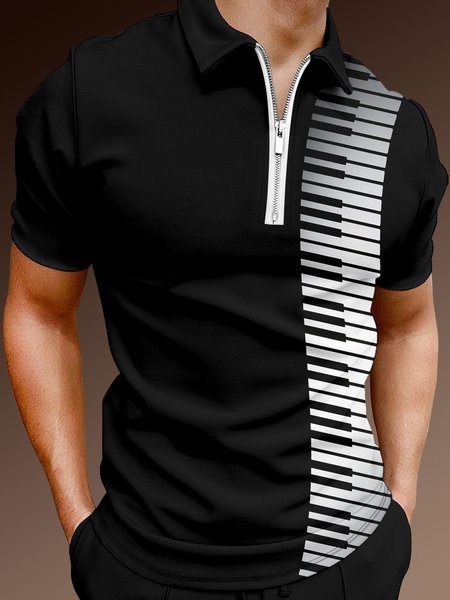 

Casual Music Collection Geometric Color Block Piano Element Pattern Lapel Short Sleeve Polo Print Top, Black, Men's t-shirts