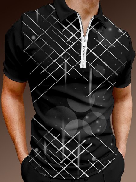 

Casual Art Series 3D Gradient Geometric Stripe Element Pattern Lapel Short Sleeve Polo Print Top, Black, Men's t-shirts