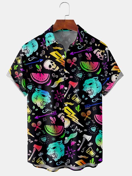 

Mens Punk Skull Music Print Front Buttons Chest Pocket Soft Breathable Casual Hawaiian Shirts, Black, Men's Floral shirt