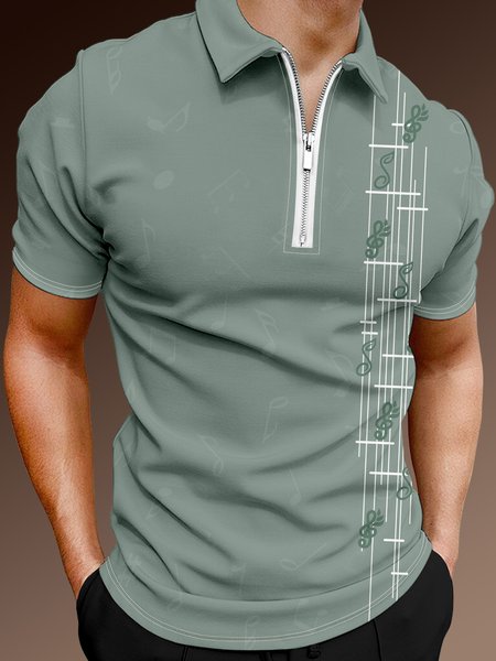 

Casual Music Collection Geometric Striped Note Element Pattern Lapel Short Sleeve Polo Print Top, Lightgreen, Men's t-shirts